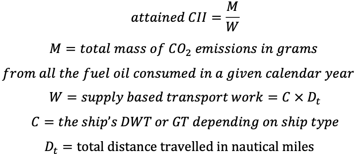 Attained CII formula: attained CII equals total mass of CO2 emissions divided by supply-based transport work.