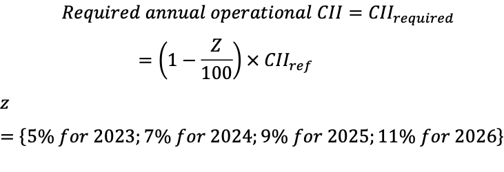 Required CII calculation applying the annual reduction factor to the reference value.